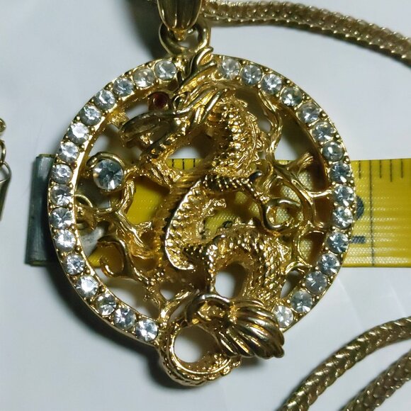 Gold Chinese Dragon Year Pendant Necklace Gold Tone Rhinestones 22 inch Chain - Picture 10 of 14